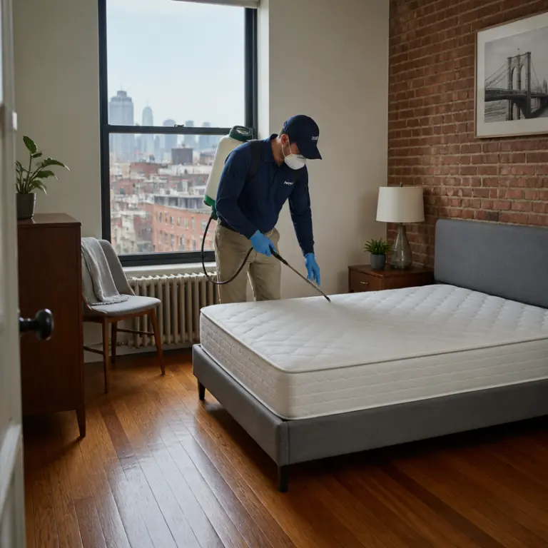 Pest control professional inspecting a residential room for bed bug activity